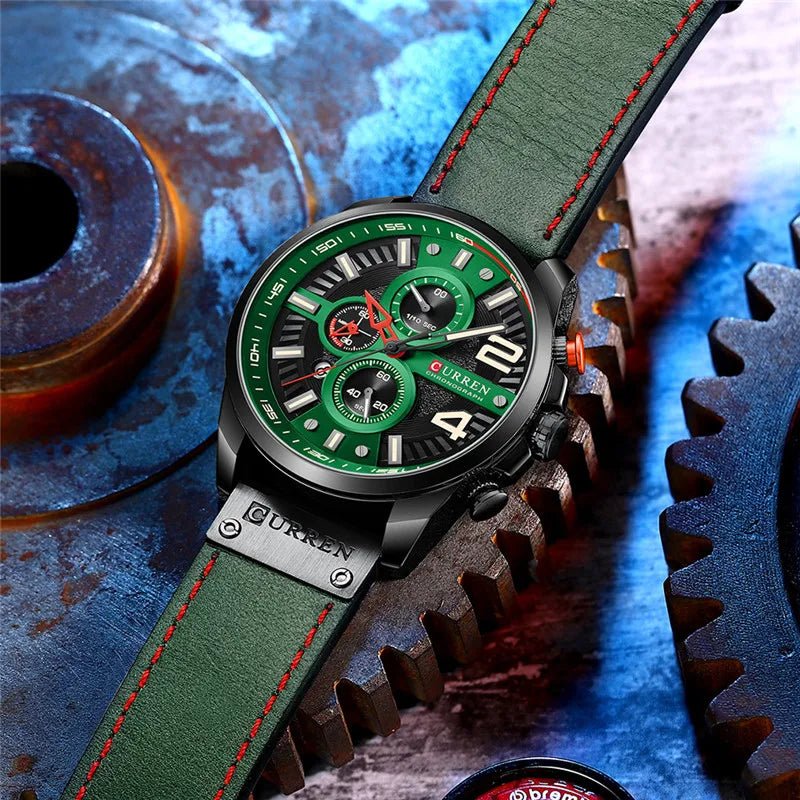 M:8393 Curren Green Dial Green Leather Strap Chronograph Analog Quartz Men's Watch. - Timecheck