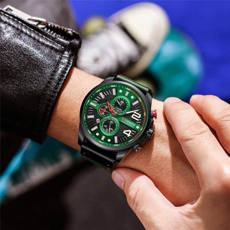 M:8393 Curren Green Dial Green Leather Strap Chronograph Analog Quartz Men's Watch. - Timecheck