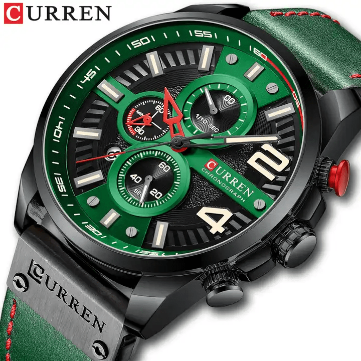 M:8393 Curren Green Dial Green Leather Strap Chronograph Analog Quartz Men's Watch. - Timecheck