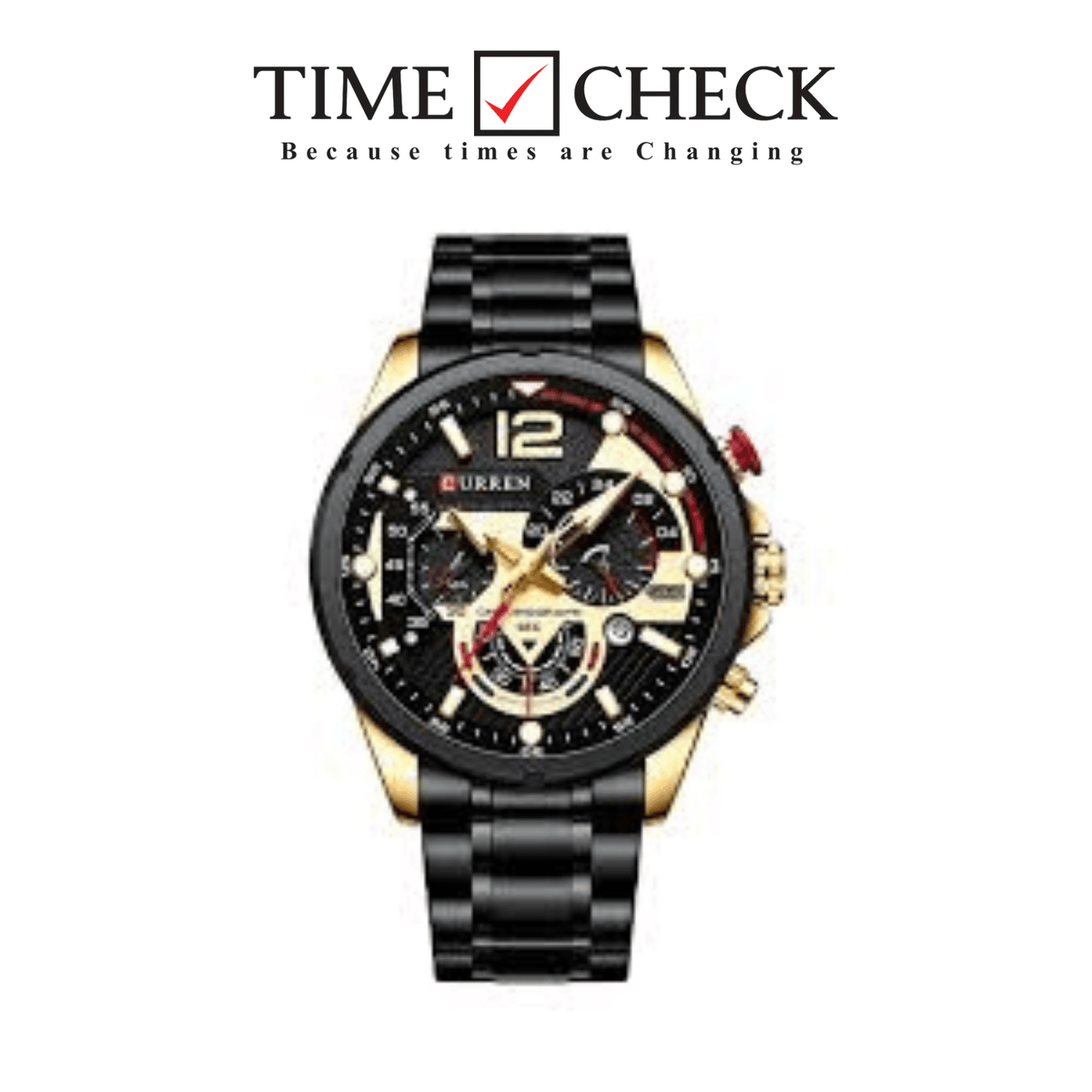 M:8395 CURREN BLACK DIAL GOLDEN CASE BLACK STAINLESS STEEL CHAIN WRIST WATCH FOR MEN WITH BRAND BOX & BAG - Timecheck