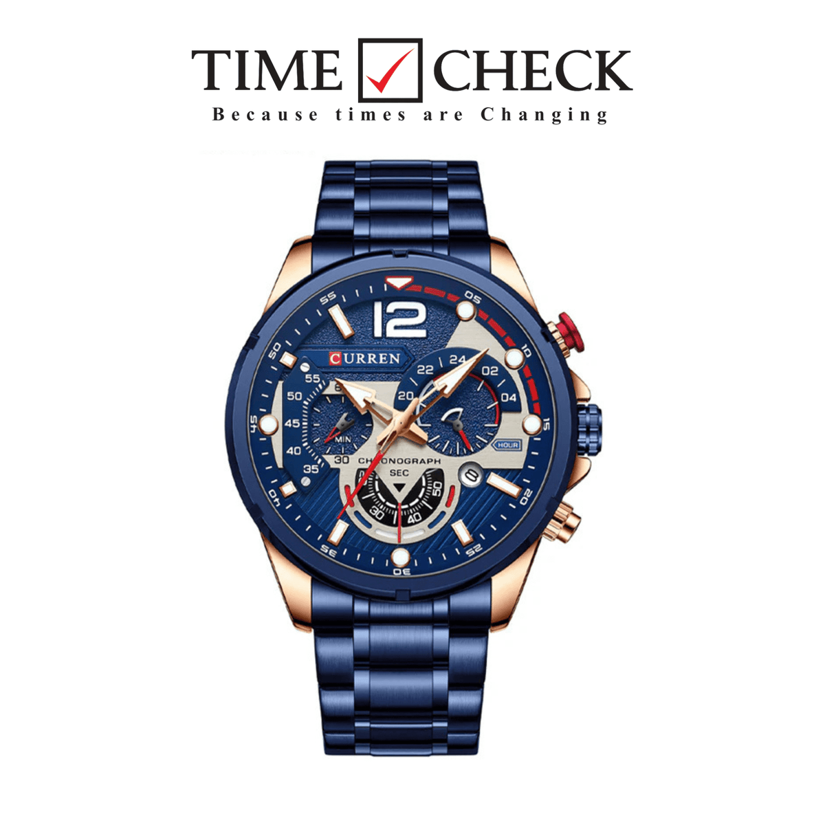 M:8395 CURREN BLUE DIAL ROSE GOLD CASE BLUE STAINLESS STEEL CHAIN WRIST WATCH FOR MEN WITH BRAND BOX & BAG - Timecheck