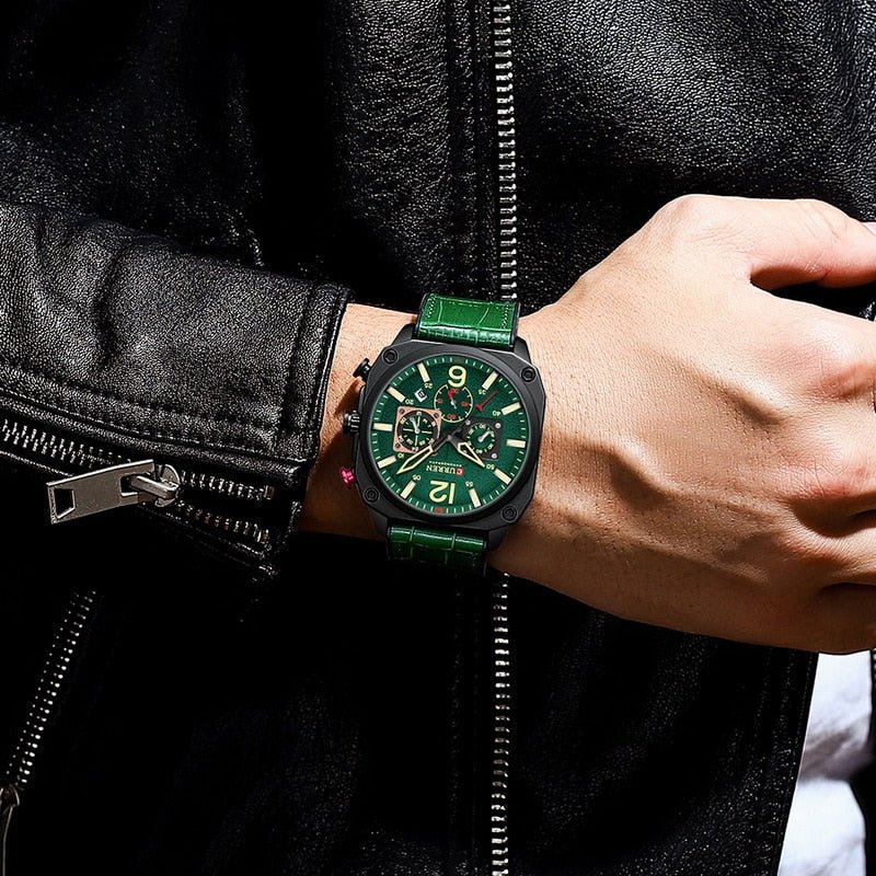 Curren M-8398 men's watch featuring a bold green chronograph dial and premium green leather strap