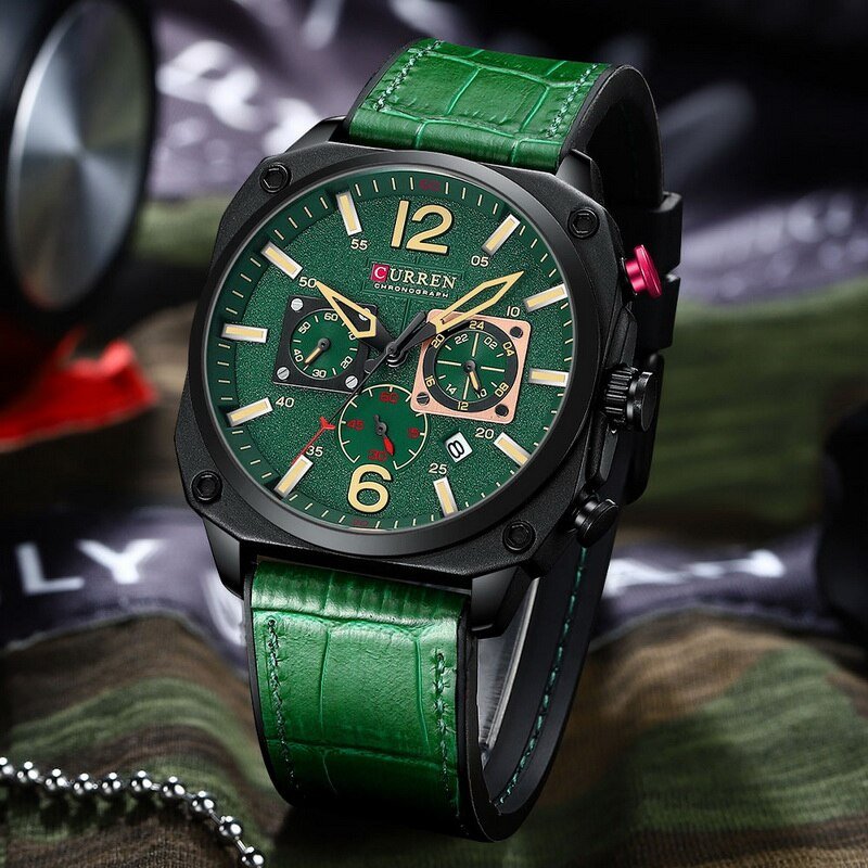 Curren M-8398 men's watch featuring a bold green chronograph dial and premium green leather strap