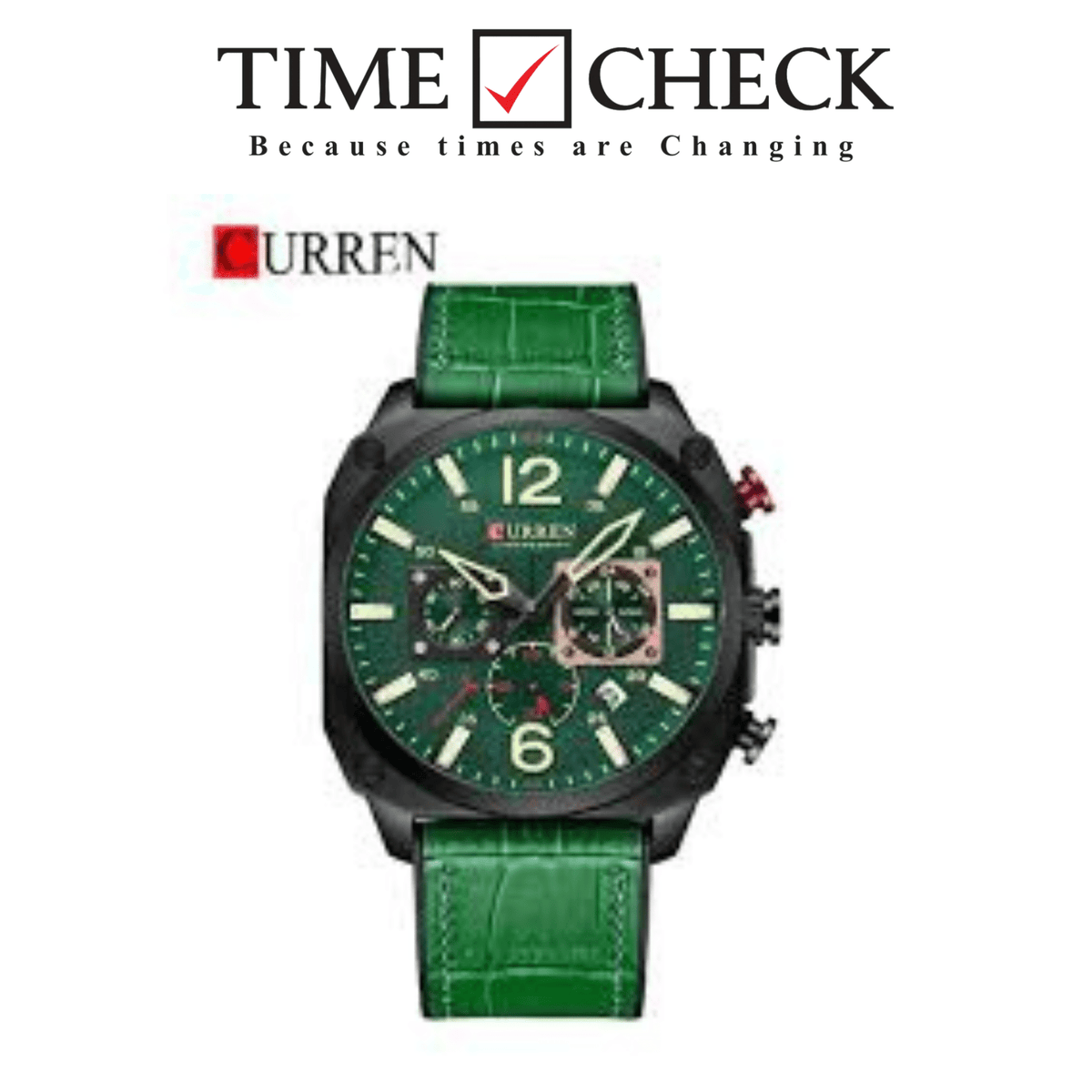 Curren M-8398 men's watch featuring a bold green chronograph dial and premium green leather strap