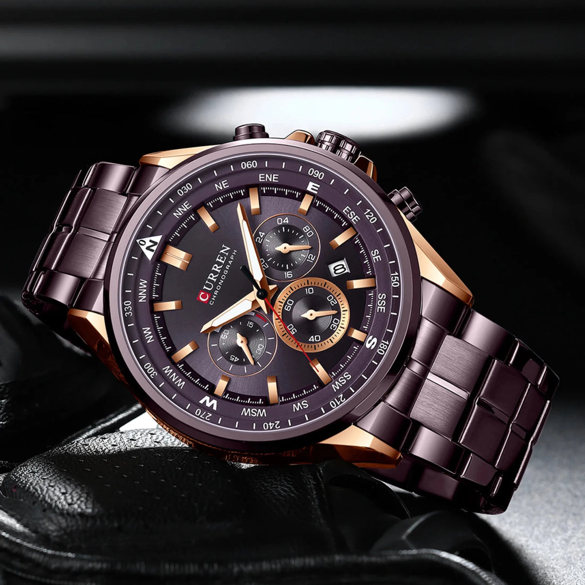 Curren M-8399 men's fashion chronograph watch featuring a stylish analog dial and a durable stainless steel link bracelet