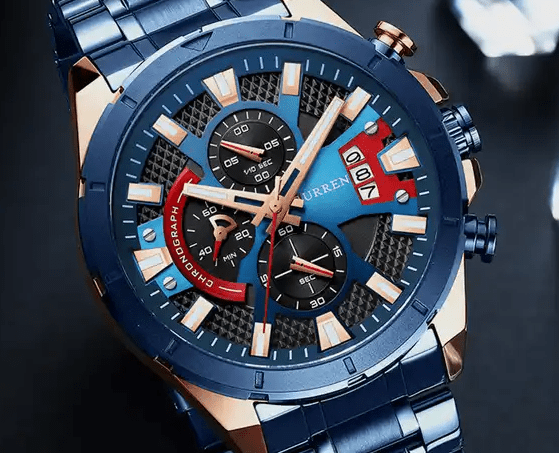 M:8401 Curren Classic Blue Dial Blue Stainless Steel Chain Chronograph Men's Watch. - Timecheck