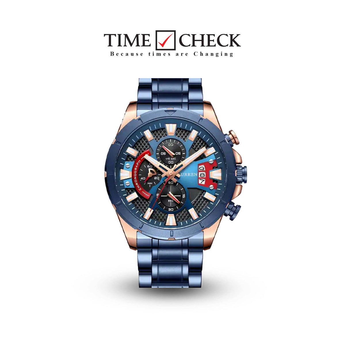 M:8401 Curren Classic Blue Dial Blue Stainless Steel Chain Chronograph Men's Watch. - Timecheck