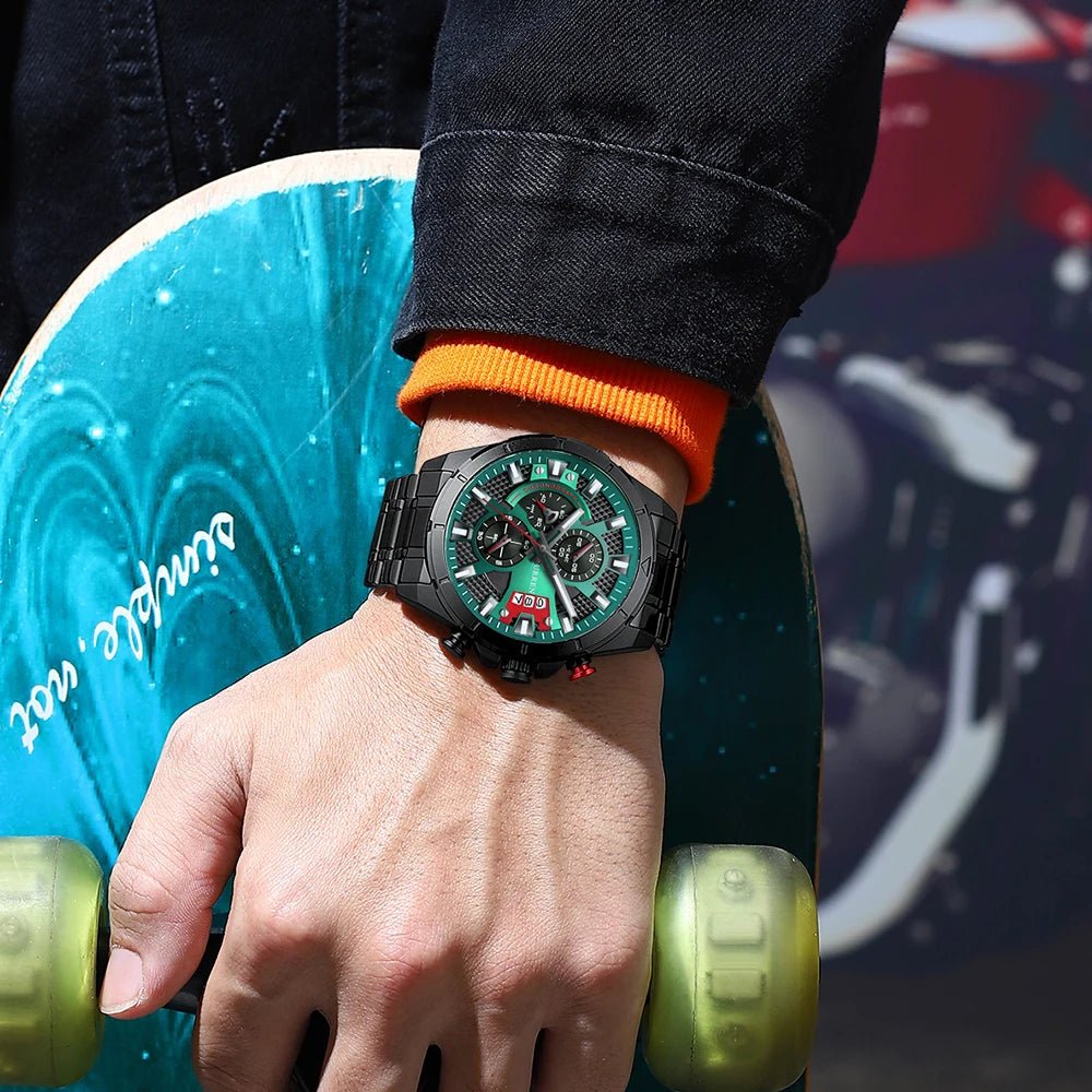 M:8401 Curren Classic Green Black Dial Black Stainless Steel Chain Chronograph Men's Watch. - Timecheck