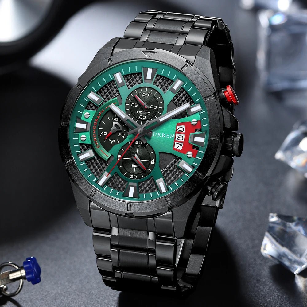 M:8401 Curren Classic Green Black Dial Black Stainless Steel Chain Chronograph Men's Watch. - Timecheck