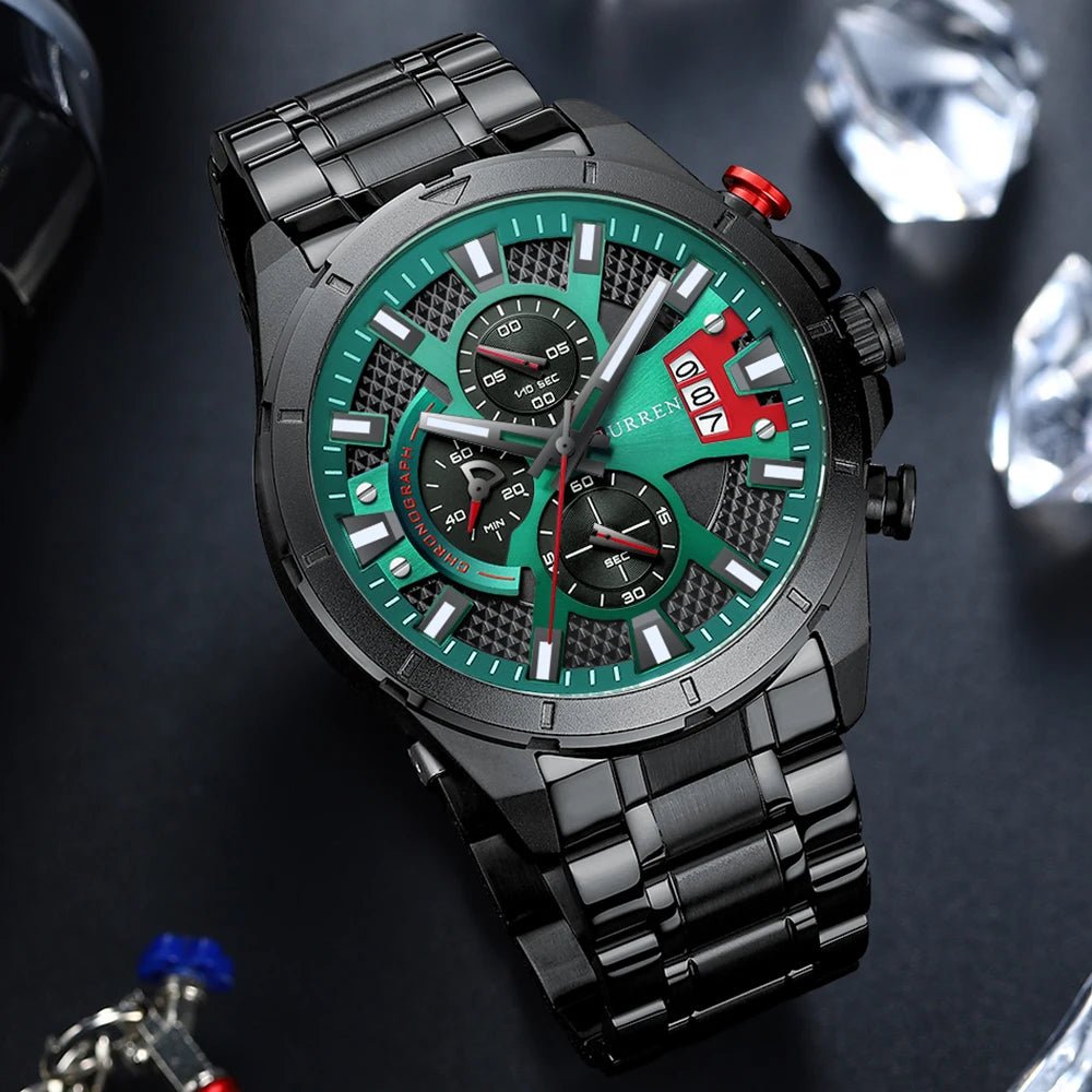 M:8401 Curren Classic Green Black Dial Black Stainless Steel Chain Chronograph Men's Watch. - Timecheck