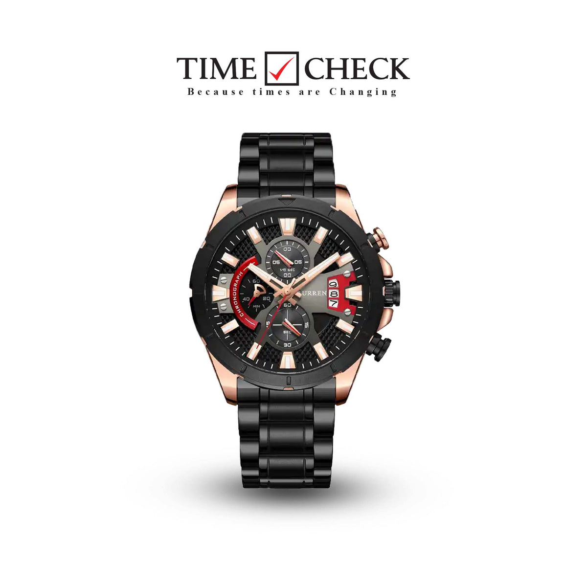 M:8401 Curren Classic Multi Dial Black Stainless Steel Chain Chronograph Men's Watch. - Timecheck