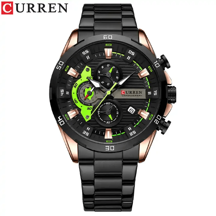 M:8402 Curren Black Dial Rose Gold Black Steel Chronograph Analog Quartz Men's Watch. - Timecheck