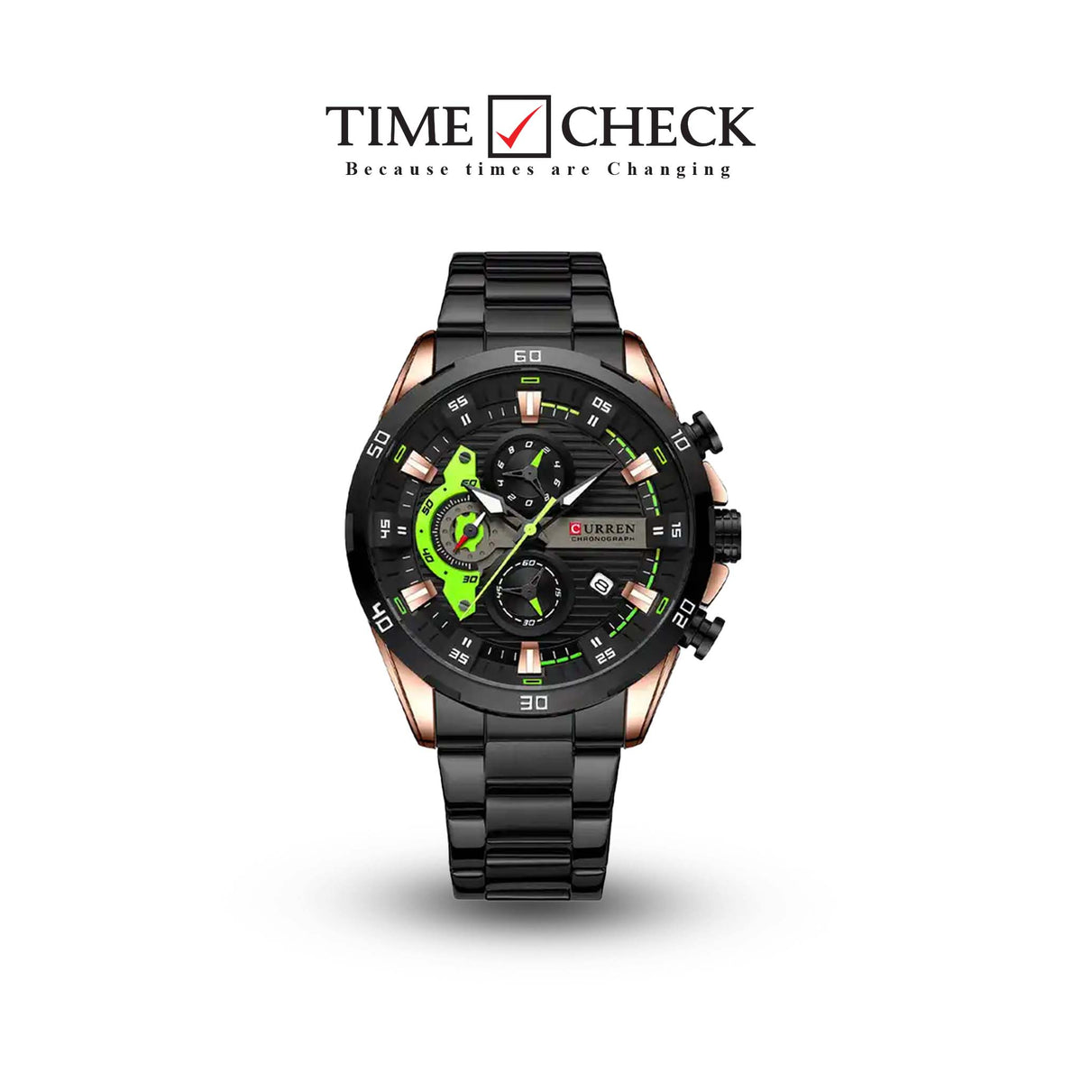 M:8402 Curren Black Dial Rose Gold Black Steel Chronograph Analog Quartz Men's Watch. - Timecheck