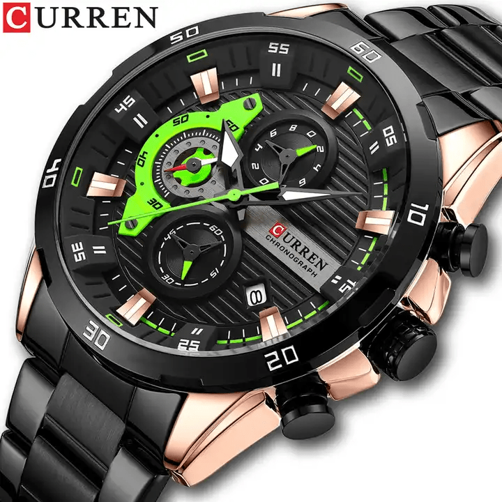 M:8402 Curren Black Dial Rose Gold Black Steel Chronograph Analog Quartz Men's Watch. - Timecheck