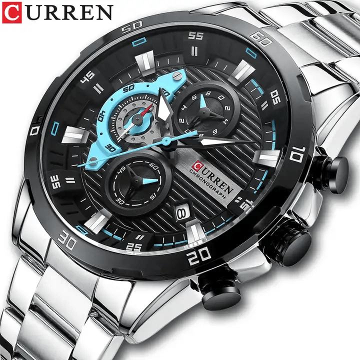 M:8402 Curren Black Dial Silver Stainless Steel Chronograph Analog Quartz Men's Watch. - Timecheck
