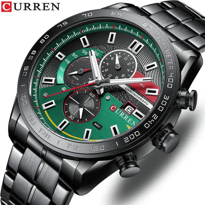 M:8410 Curren Black Steel Chain Fashion Quartz Clock Analog Chronograph Men's Watch. - Timecheck