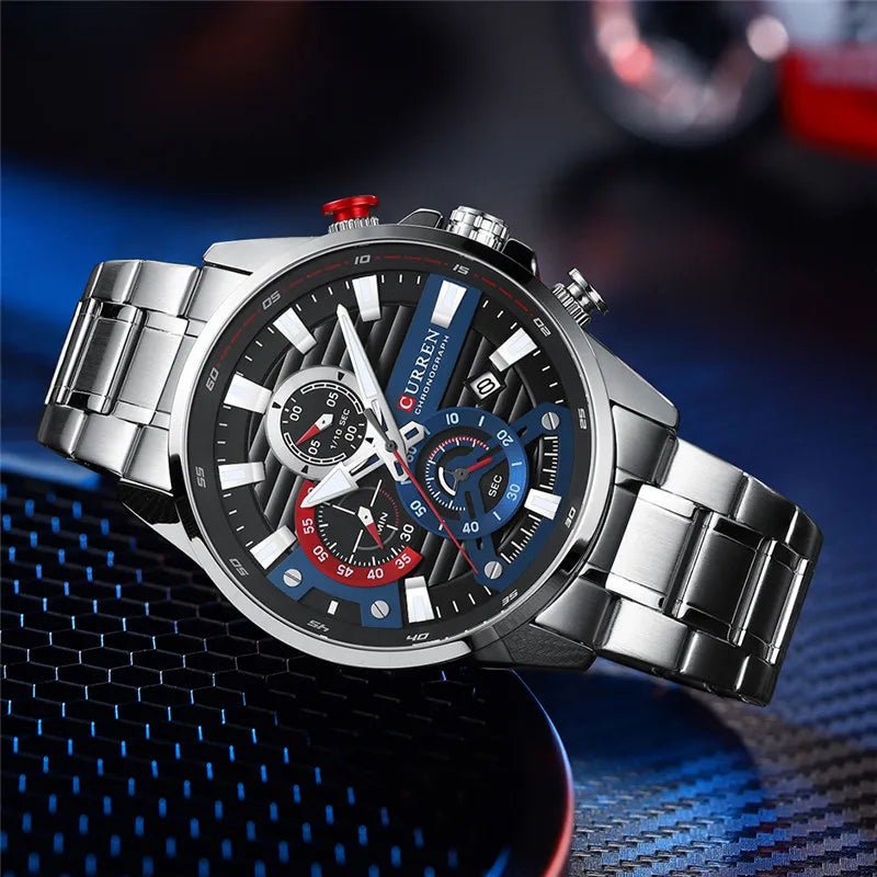 M:8415 Curren Blue Dial Silver Stainless Steel Chronograph Analog Quartz Men's Watch. - Timecheck