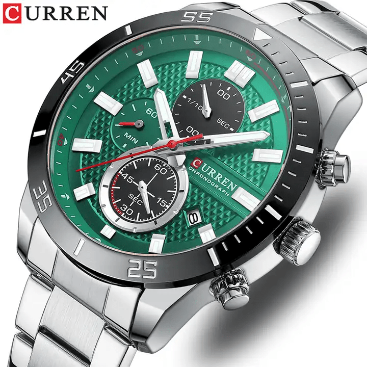 M:8417 Curren Green Dial Silver Stainless Steel Chain Chronograph Men's Watch. - Timecheck