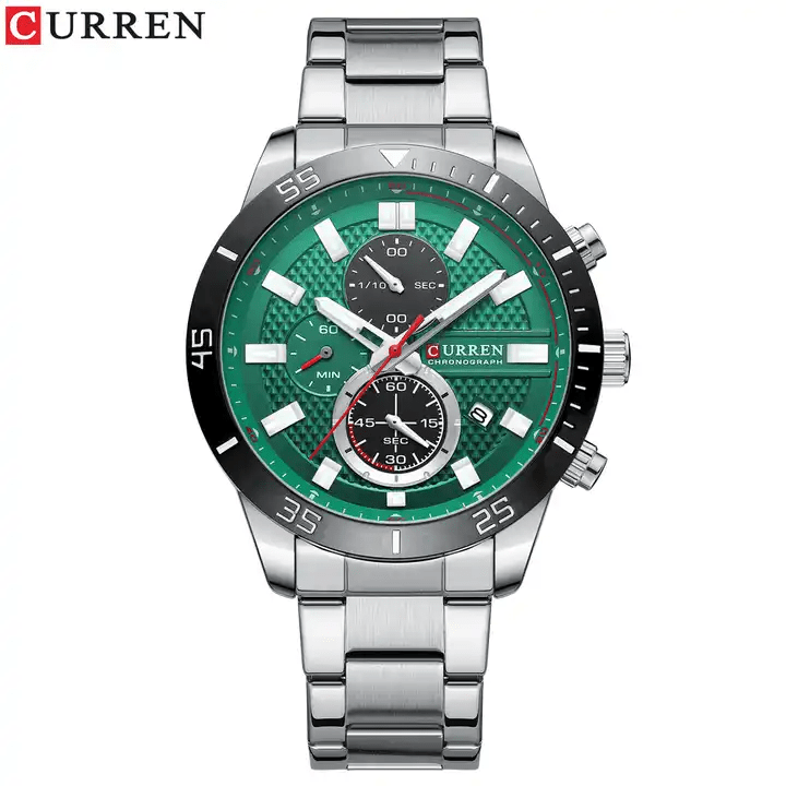M:8417 Curren Green Dial Silver Stainless Steel Chain Chronograph Men's Watch. - Timecheck