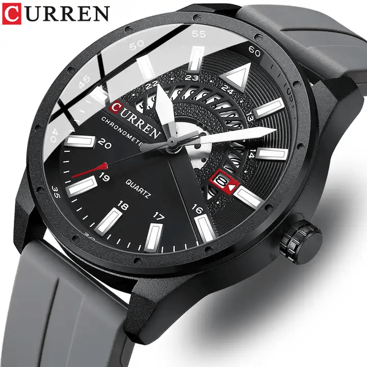M:8421 Curren Black Dial & Case Gray Silicone Strap Analog Quartz Men's Watch. - Timecheck