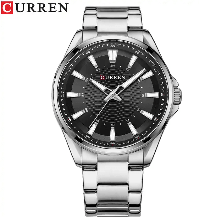 M:8424 Curren Black Dial Silver Stainless Steel Chain Analog Quartz Men's Watch. - Timecheck