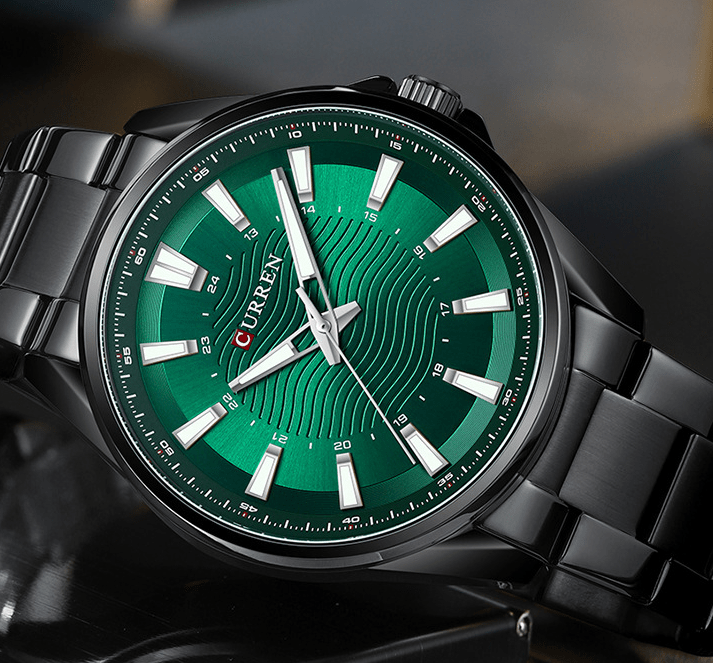 M:8424 Curren Green Dial Black Stainless Steel Chain Analog Quartz Men's Watch. - Timecheck