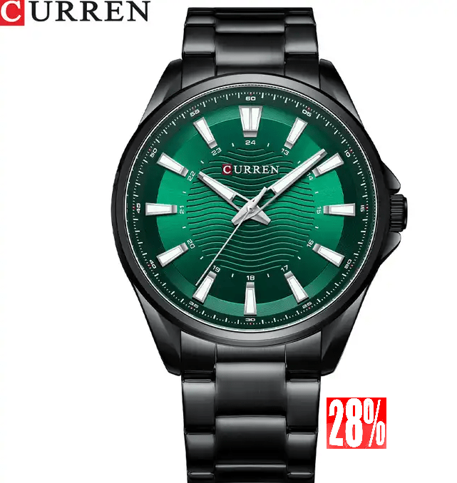 M:8424 Curren Green Dial Black Stainless Steel Chain Analog Quartz Men's Watch. - Timecheck