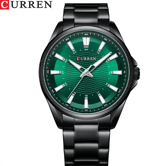 M:8424 Curren Green Dial Black Stainless Steel Chain Analog Quartz Men's Watch. - Timecheck