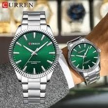 M:8425 Curren GREEN Dial Silver Steel Chain Analog Quartz Men's Watch. - Timecheck