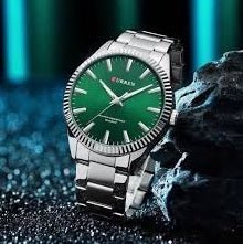 M:8425 Curren GREEN Dial Silver Steel Chain Analog Quartz Men's Watch. - Timecheck