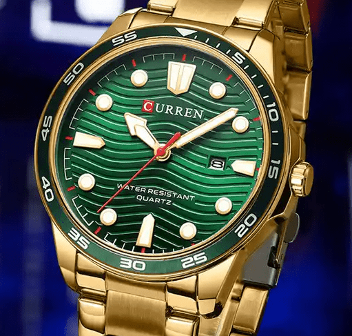 M:8426 Curren Green Dial Golden Stainless Steel Chain Analog Quartz Men's Watch. - Timecheck