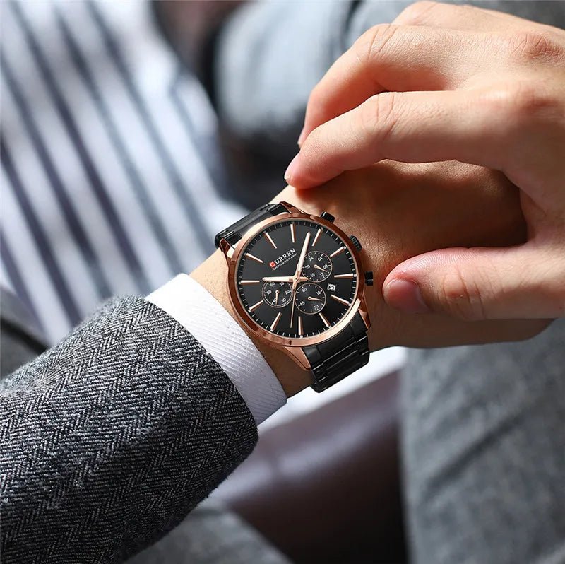 M:8435 Curren Black Dial Rose Gold Case Black Stainless Steel Chain Chronograph Men's Watch - Timecheck