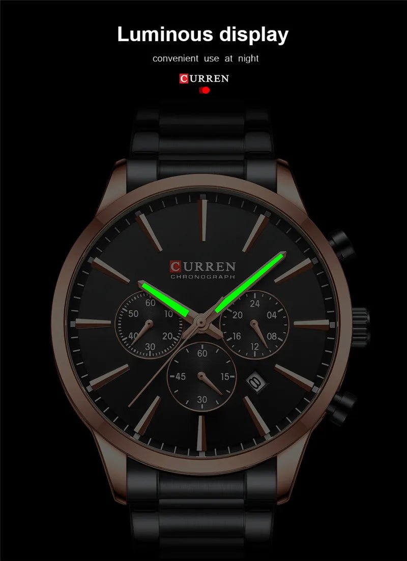 M:8435 Curren Black Dial Rose Gold Case Black Stainless Steel Chain Chronograph Men's Watch - Timecheck