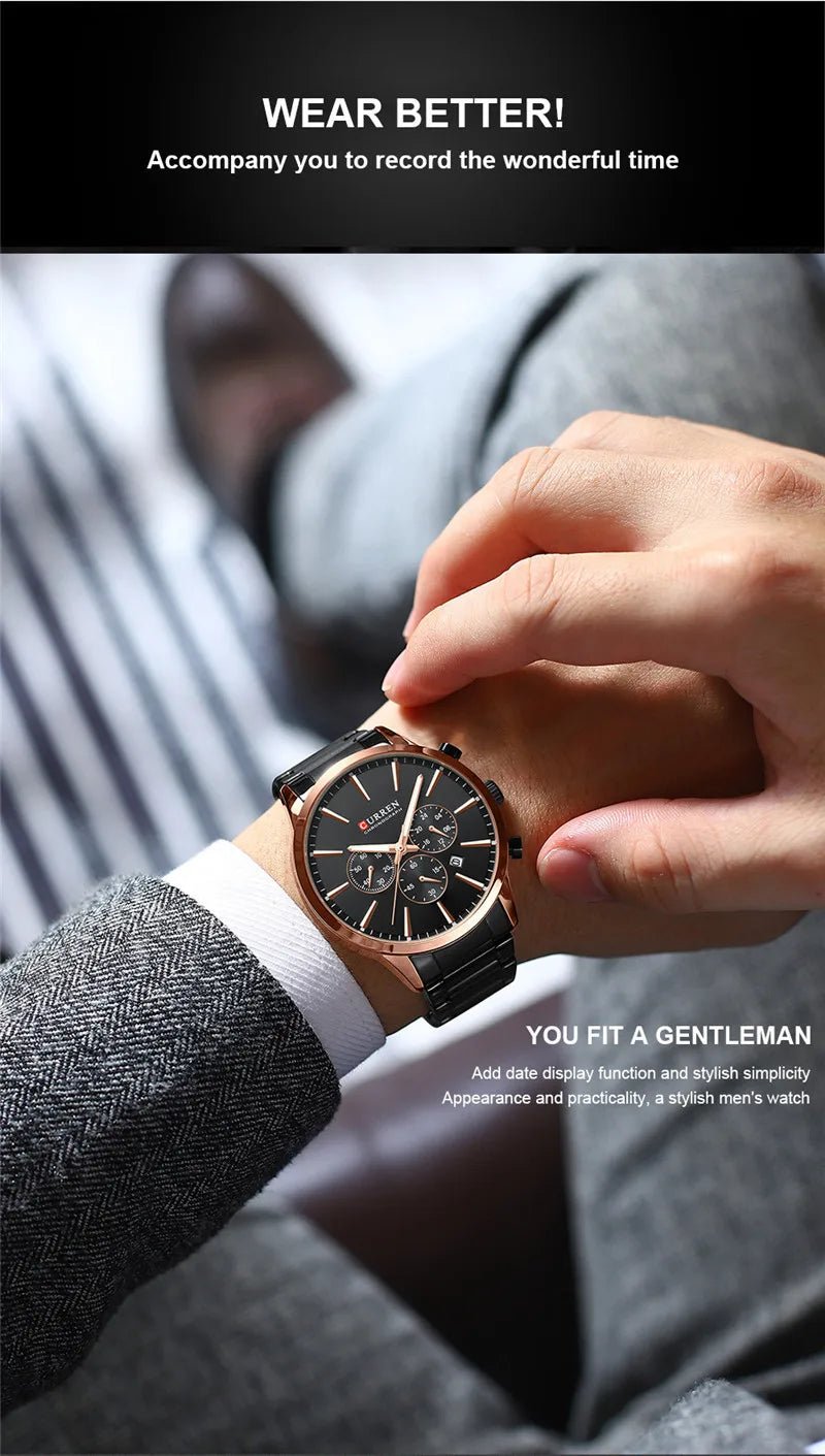 M:8435 Curren Black Dial Rose Gold Case Black Stainless Steel Chain Chronograph Men's Watch - Timecheck