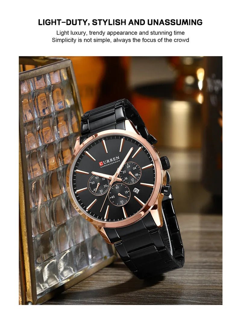 M:8435 Curren Black Dial Rose Gold Case Black Stainless Steel Chain Chronograph Men's Watch - Timecheck
