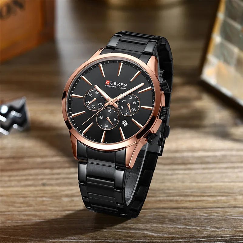 M:8435 Curren Black Dial Rose Gold Case Black Stainless Steel Chain Chronograph Men's Watch - Timecheck