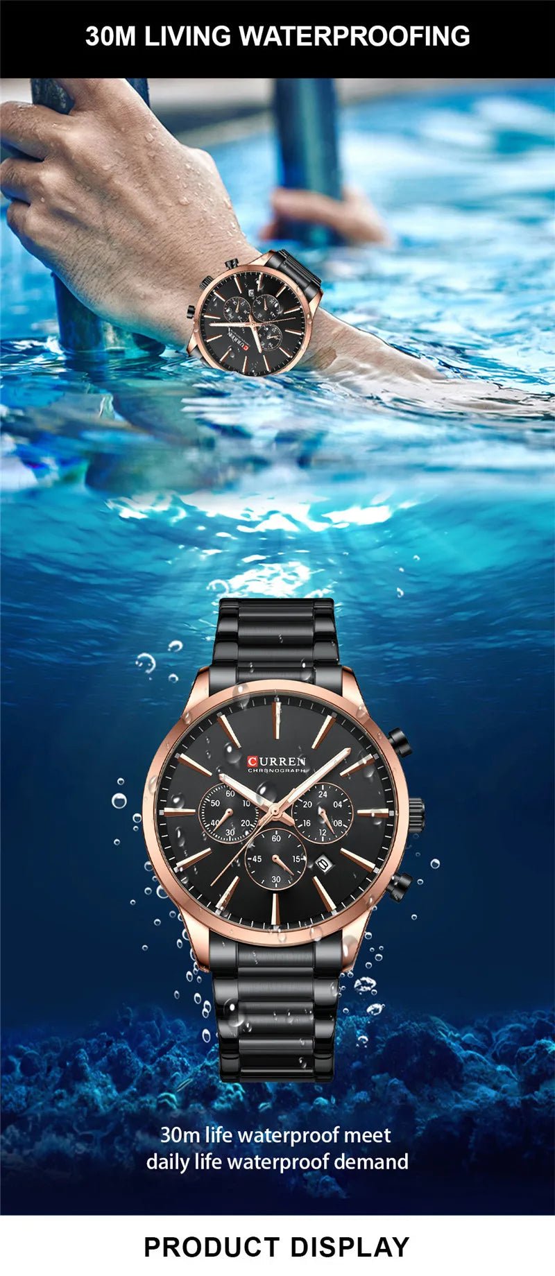 M:8435 Curren Black Dial Rose Gold Case Black Stainless Steel Chain Chronograph Men's Watch - Timecheck