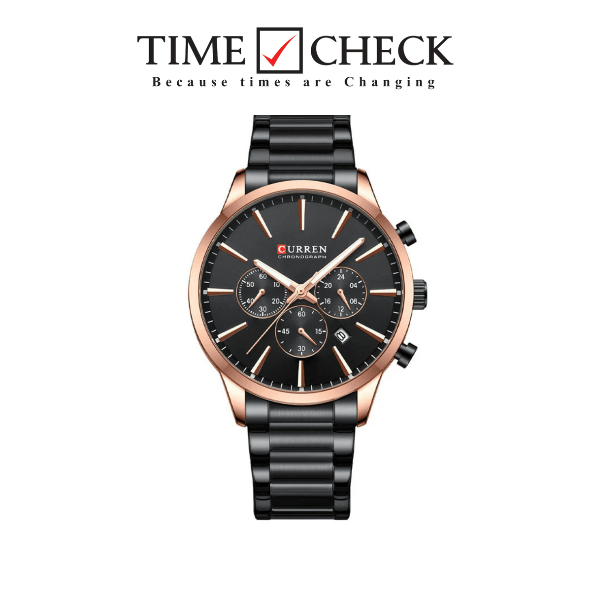 M:8435 Curren Black Dial Rose Gold Case Black Stainless Steel Chain Chronograph Men's Watch - Timecheck