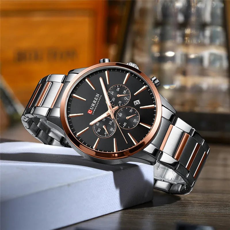 M:8435 Curren Black Dial Rose & Gold Stainless Steel Chain Chronograph Men's Watch. - Timecheck