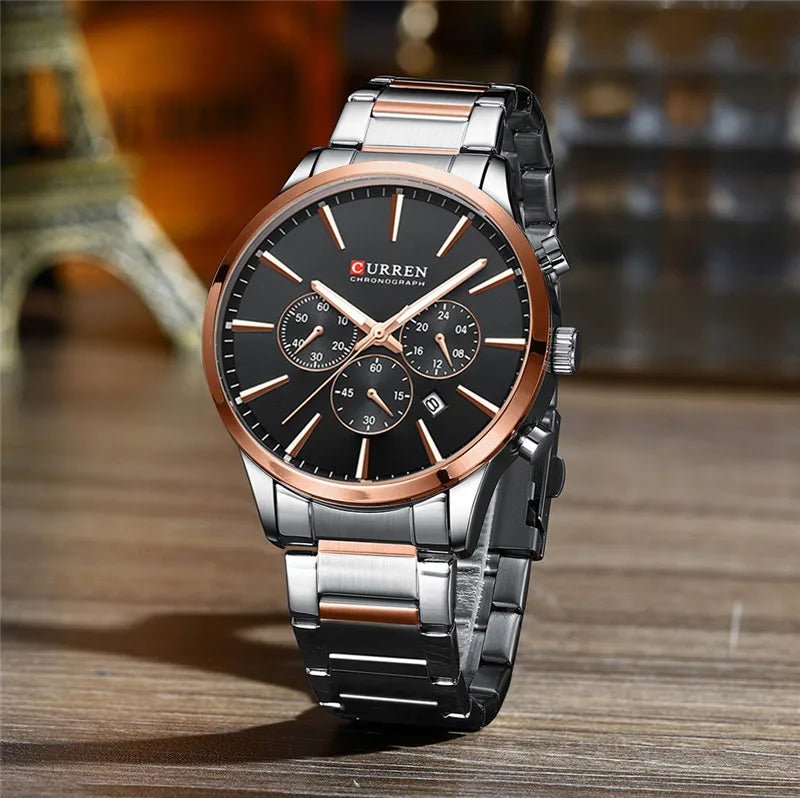 M:8435 Curren Black Dial Rose & Gold Stainless Steel Chain Chronograph Men's Watch. - Timecheck