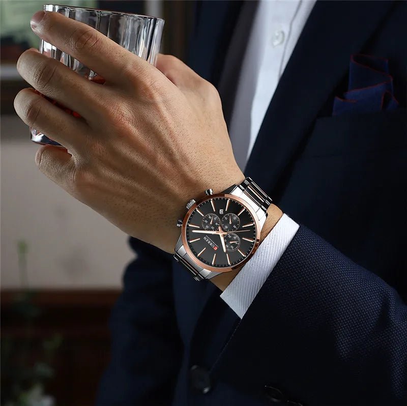 M:8435 Curren Black Dial Rose & Gold Stainless Steel Chain Chronograph Men's Watch. - Timecheck