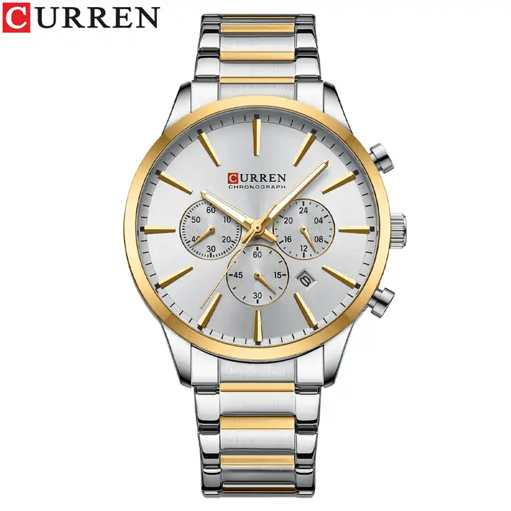 M:8435 Curren Silver Dial Silver & Golde Stainless Steel Chain Chronograph Men's Watch. - Timecheck