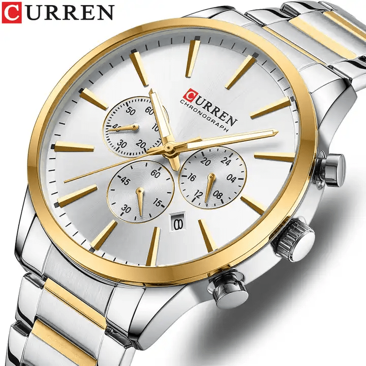 M:8435 Curren Silver Dial Silver & Golde Stainless Steel Chain Chronograph Men's Watch. - Timecheck