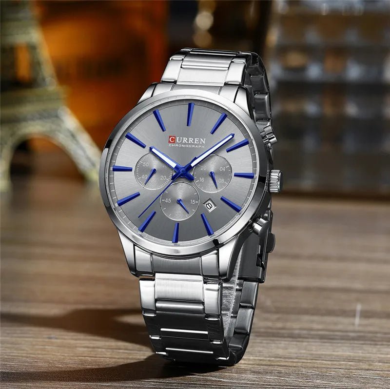 M:8435 Curren Silver Dial Silver Stainless Steel Chain Chronograph Men's Watch. - Timecheck