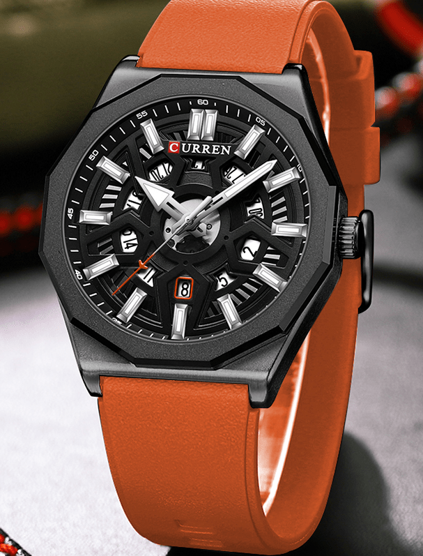 M:8437 Curren Black Dial Orange Silicone Strap Analog Quartz Men's Watch. - Timecheck