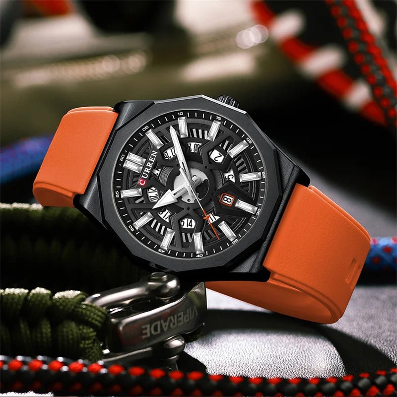 M:8437 Curren Black Dial Orange Silicone Strap Analog Quartz Men's Watch. - Timecheck