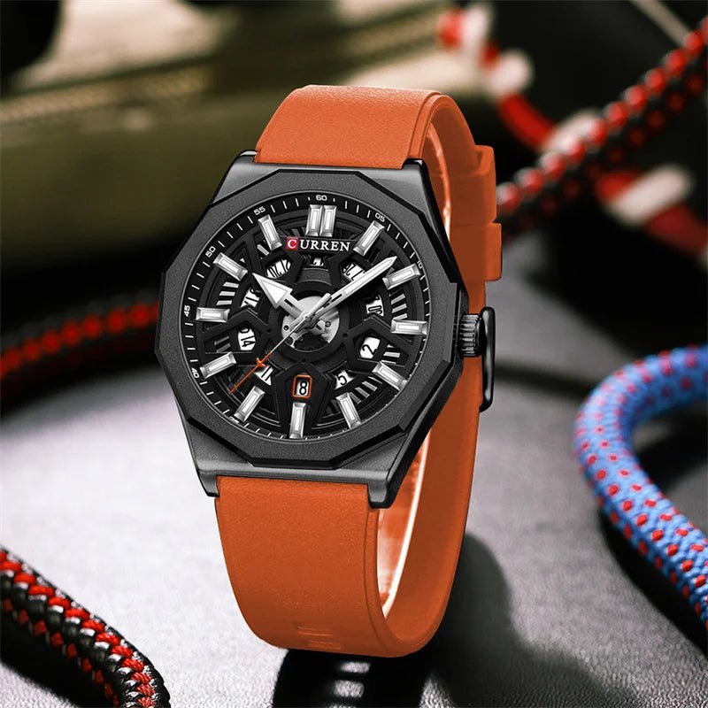 M:8437 Curren Black Dial Orange Silicone Strap Analog Quartz Men's Watch. - Timecheck