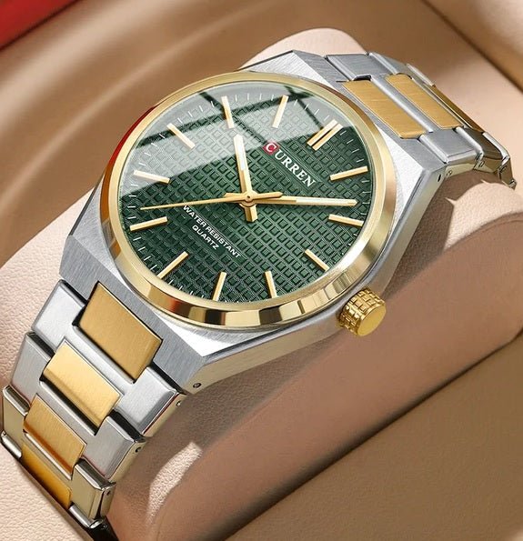 Curren M-8439 Vibrant Green Chronograph Dial with Two-Tone Silver and Gold Stainless Steel Link Bracelet Men's Watch