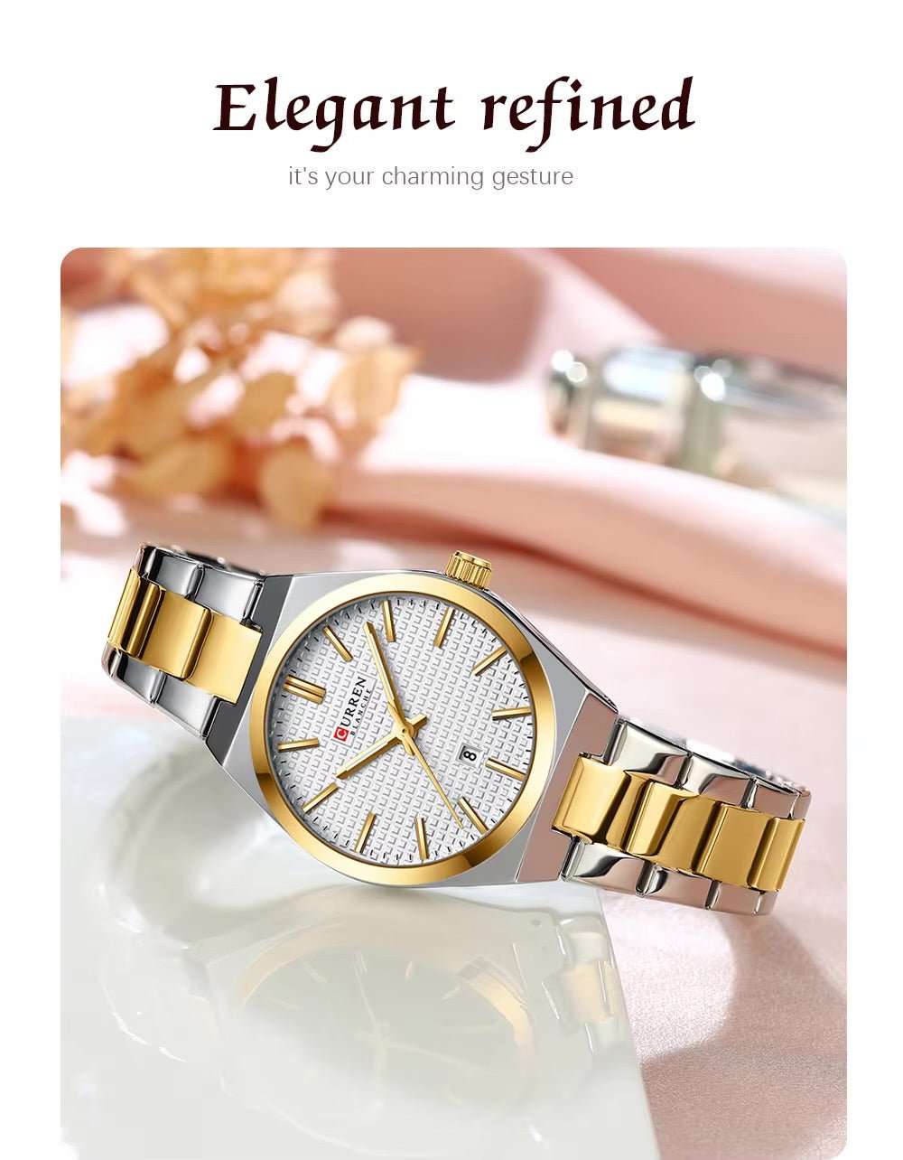 M:8439 Curren white Dial Silver,Gold Steel Chain Analog Quartz women Watch. - Timecheck