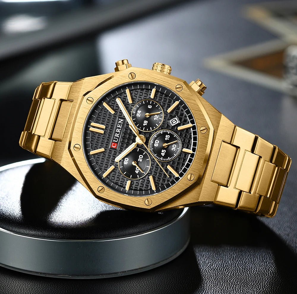 M:8440 Curren Black Dial Golden Steel Chain Chronograph Analog Quartz Men's Watch. - Timecheck